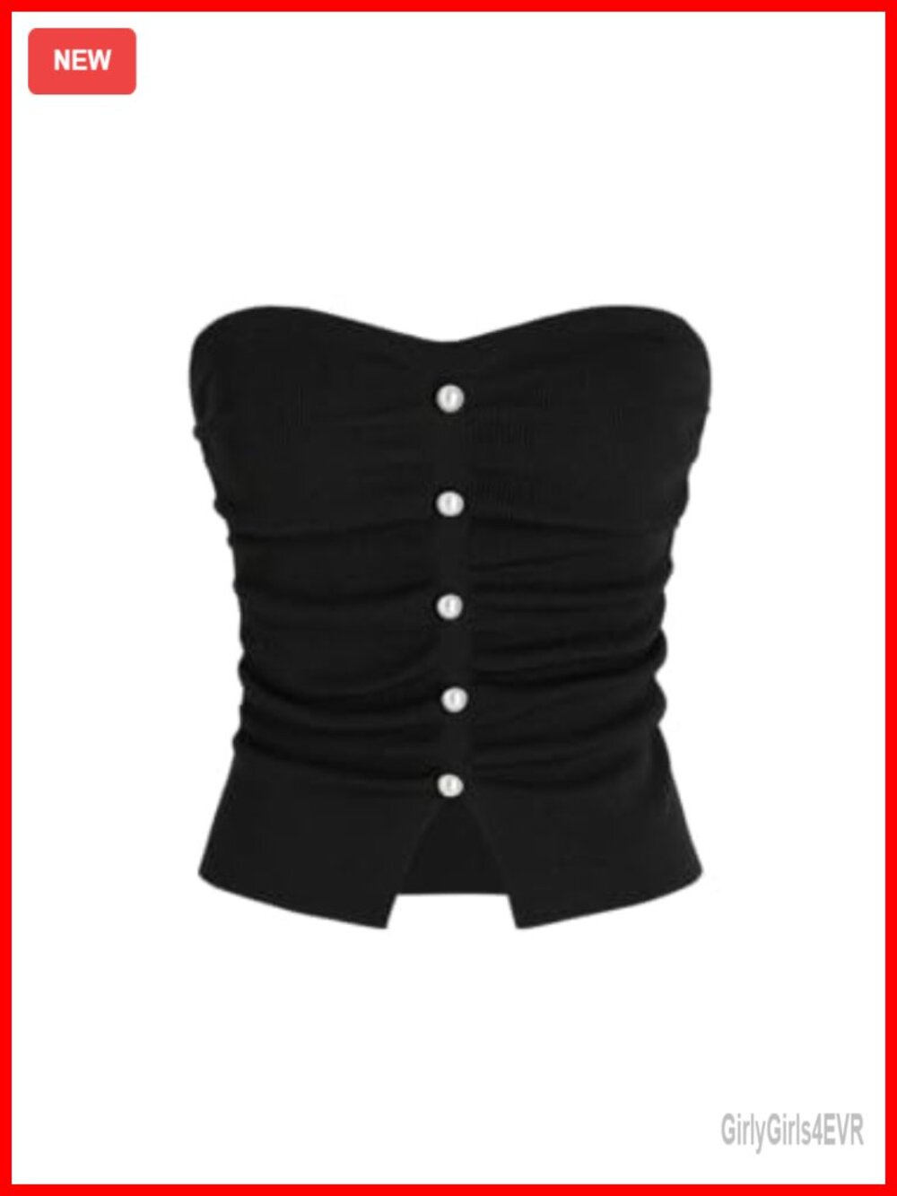 Faux Pearl Tube Top Split Hem Ruched Knit Crop Y2K